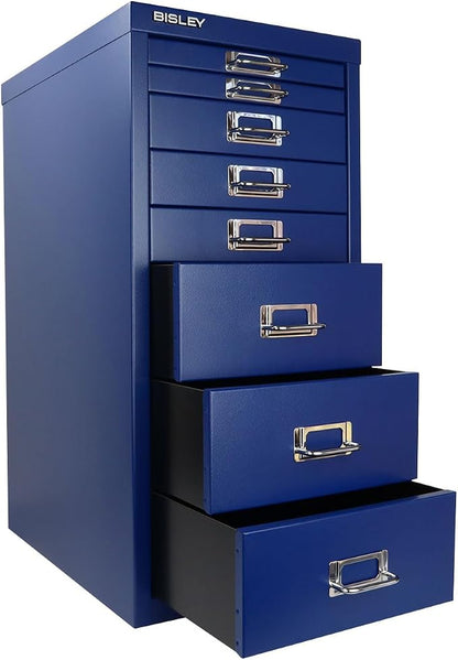 Bisley 8-Drawer Steel MultiDrawer Cabinet - Oxford Blue | Chrome Pull Handles with Label Holders, Powder-Coated Steel, Removable Drawers, Fits Under Most Desks, Labels Included