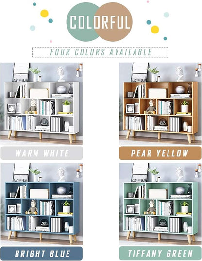 IOTXY Wooden Open Shelf Bookcase - 3-Tier Floor Standing Display Cabinet Rack with Legs, 10 Cubes Bookshelf, Warm White