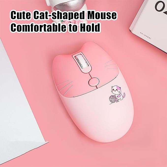 Cute Cat 2.4G USB Wireless Keyboard and Mouse Combo, Silent Keys, Candy Colors, Compatible with Notebook, PC (Pink-110Keys)