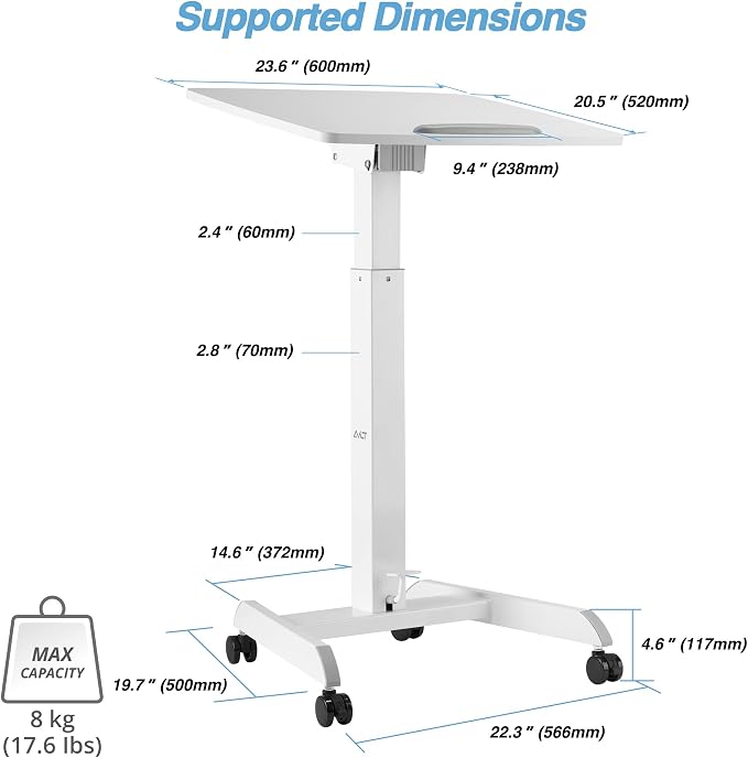 AVLT 47" Height Adjustable Mobile Workstation with Tilting Desk - White | 3 ft 11 inches - Foot Pedal Pneumatic Standing Desk Cart - Mobile Laptop Cart - Mobile Cart with Brake Casters