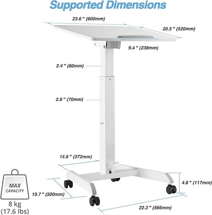 AVLT 47" Height Adjustable Mobile Workstation with Tilting Desk - White | 3 ft 11 inches - Foot Pedal Pneumatic Standing Desk Cart - Mobile Laptop Cart - Mobile Cart with Brake Casters