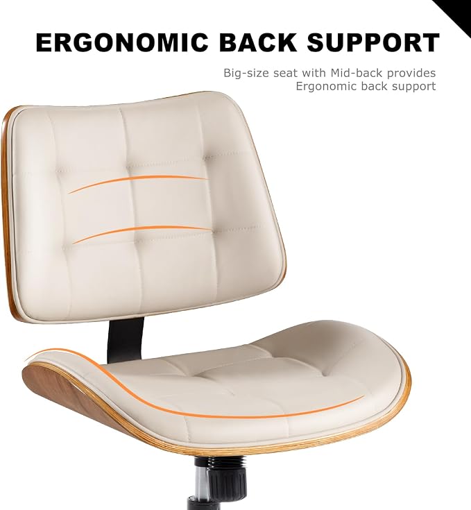 BV Armless Office Chair with Rubber Wheels, 360° Swivel Adjustable Task Chair, PU Leather Rolling Desk Chair for Home Office, Study and Conference Room, Beige