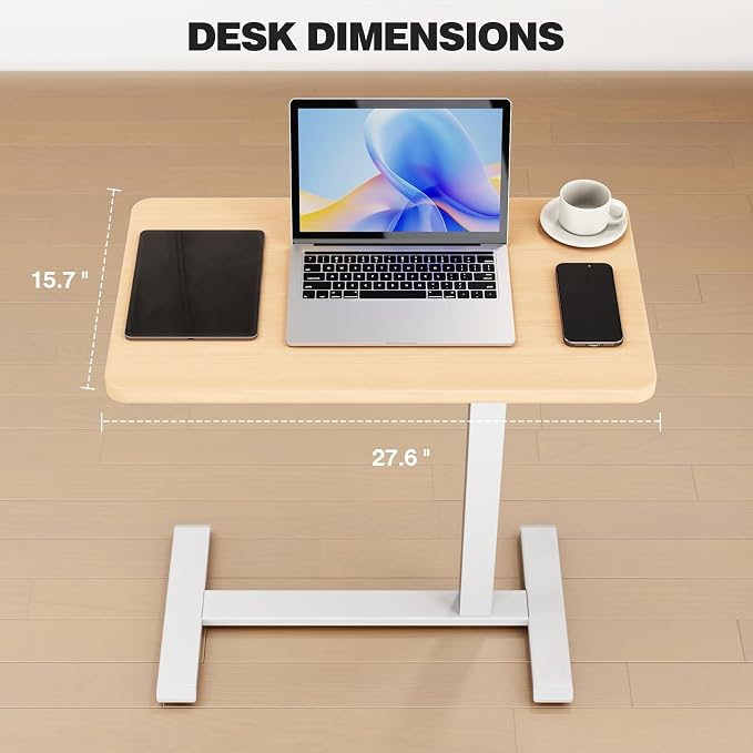 ROMOON Over Bed Bedside Table with Wheels, Rolling Height Adjustable Overbed Desk, Mobile Laptop Cart with Sturdy Frame for Hospital, Home and Small Spaces (27.6" W x 15.7" D, Natural Oak)