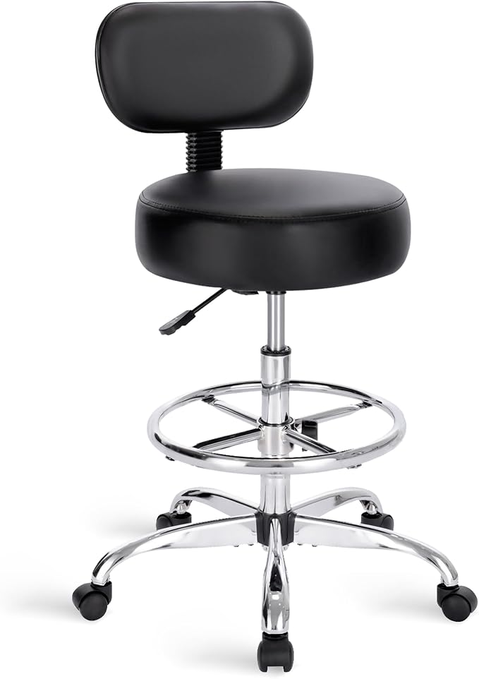 SUPERJARE Drafting Chair with Back, Adjustable Foot Rest Rolling Stool, Multi-Purpose Office Desk Chair, Thick Seat Cushion for Home Bar Kitchen Shop - Black