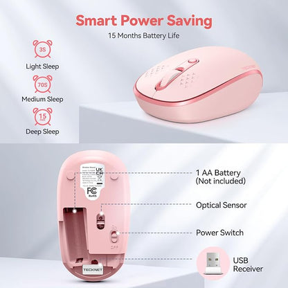 TECKNET Wireless Mouse, 2.4G Quiet Computer Mouse with USB Receiver, 4 Buttons Portable Cordless Mice for Chromebook, Laptop, PC, Mac, 800/1200/1600 DPI - Pink