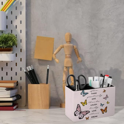 Niapessel Pencil Holder for Desk, Positive Quote Butterflies Pen Holder Storage Desktop Pen Organizer Desk Pencil Organizer Makeup Brush Holder for Office School College Leather