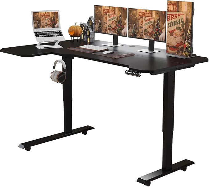 L-Shaped 59" Height Adjustable Electric Standing Desk, Sit and Stand Up Computer Desk For Home Office with Splice Board (Black Top, Black Frame)