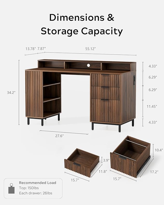EYYTHUNG Brown Fluted Executive Desk with Storage Shelf & File Drawer, 55" Modern Wood Office Desk with Monitor Stand & Charging Station, Home Writing Computer Table for Work Study