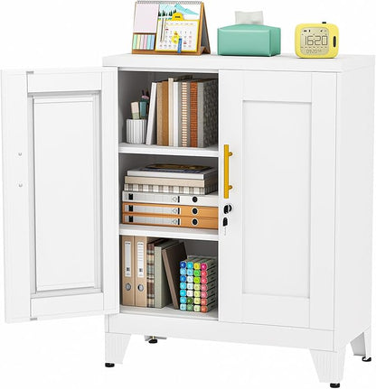 pozdeg 35.43" Metal Storage Cabinet with Lock, Metal File Cabinet with 2 Doors ＆ 2 Adjustable Shelves, Steel Locker Utility Tool Garage Cabinets for Home, Office, Warehouse (White)