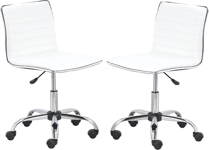 BTEXPERT Set of 2,Swivel Leather Soft Upholstery Office Mid Back Armless Ribbed Designer Task Chair, White (5029W-2)