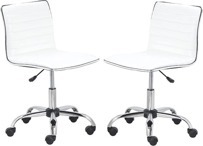 BTEXPERT Set of 2,Swivel Leather Soft Upholstery Office Mid Back Armless Ribbed Designer Task Chair, White (5029W-2)
