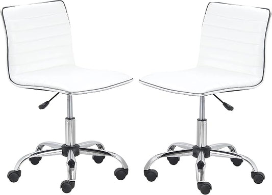 BTEXPERT Set of 2,Swivel Leather Soft Upholstery Office Mid Back Armless Ribbed Designer Task Chair, White (5029W-2)