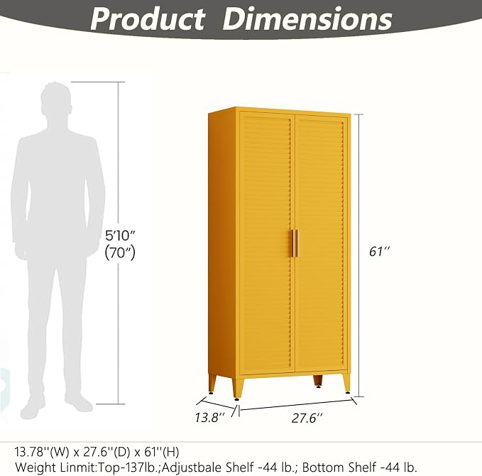 61" Tall Metal Pantry Cabinet with Lock and 3 Adjustable Shelves,Freestanding Heavy Duty Steel Storage Locker,Yellow Metal Cabinets for Kitchen,Living Room,Home 61" H X 27.6" W X 13.8" D