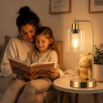 Industrial Touch Control Table Lamps Set of 2 - Gold Nightstand Bedside Lamps with 2 USB Ports & AC Outlet, 3-Way Dimmable Desk Lamp for Bedroom Living Room, Glass Shade & 2 LED Bulbs Included