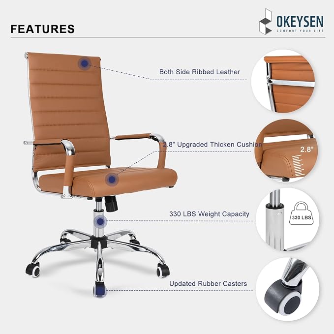 Okeysen Brown Conference Room Chairs, Modern Ergonomic PU Leather Office Desk Chair Ribbed for Office, High Back Executive Swivel Rolling Task Chair for Home