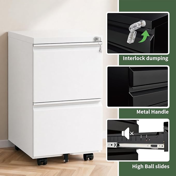 2 Drawer File Cabinet with Lock,Rolling Filing Cabinet with Wheels for Home Office,Under Desk Metal File Cabinet,Office Storage Organizer,White