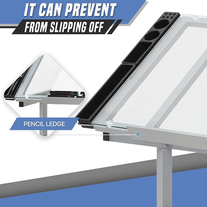 Drafting Table with Angle Adjustable Glass Top, Drawing Table with Storage Drawers,Casters, Art Desk Ideal for Drawing, Painting, Writing, Home Office, Clear Glass