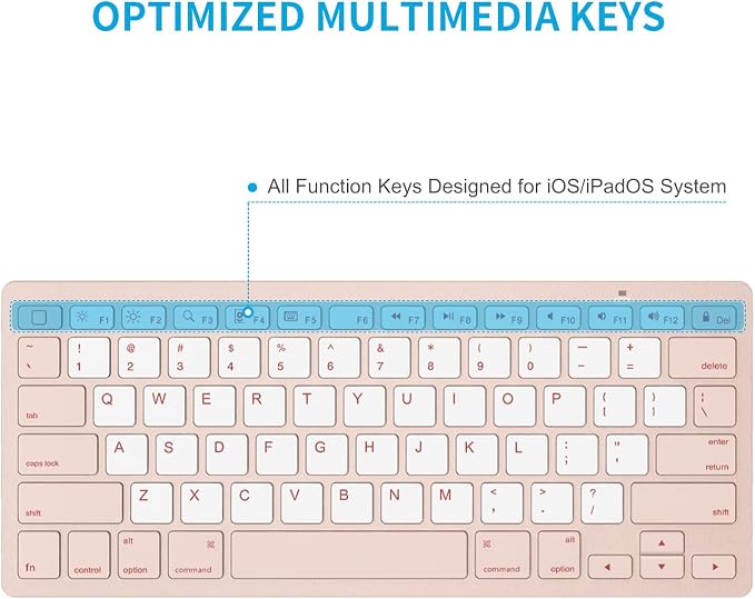 OMOTON Ultra-Slim Bluetooth Keyboard for iPad 11th/10th/9th/8th/7th, iPad Pro/Air/Mini and iPhone Series, Wireless iOS Keyboard with 12 Multimedia Keys for Office, Travel, School, Pink & Pearl White