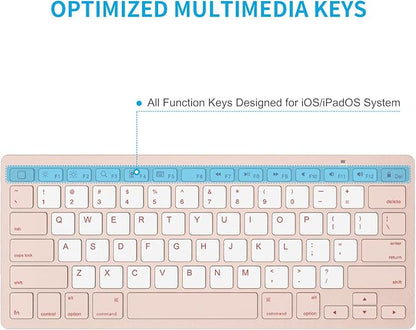 OMOTON Ultra-Slim Bluetooth Keyboard for iPad 11th/10th/9th/8th/7th, iPad Pro/Air/Mini and iPhone Series, Wireless iOS Keyboard with 12 Multimedia Keys for Office, Travel, School, Pink & Pearl White