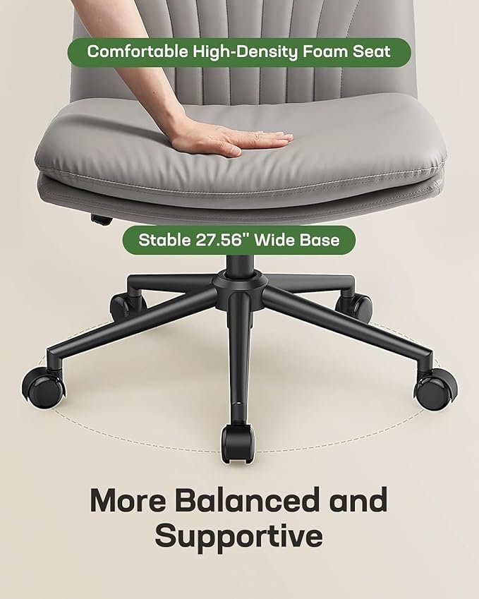 Marsail Criss Cross Office Chair with Wheels, Armless Wide Desk Chair for Active Sitting, PU Leather Cross Legged Chair for Home Office, Pet-Friendly & Easy Clean, Grey