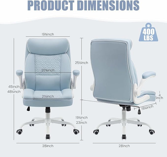 Executive Office Chair with High Back, Computer Desk Chair with Lumbar Support,Comfortable Leather Home Office Chairs 400lbs with Padded Flip-up Armrests, Adjustable Height,Tilting, LightBlue