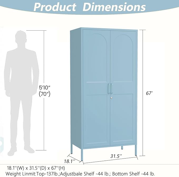 67" Metal Wardrobe Cabinet with Lock,Multi-Functional Locker with Adjustable Shelves and Hanging Rod,2 Door Storage Cabinet for Home, Bedroom,Cloak Room, Office Blue