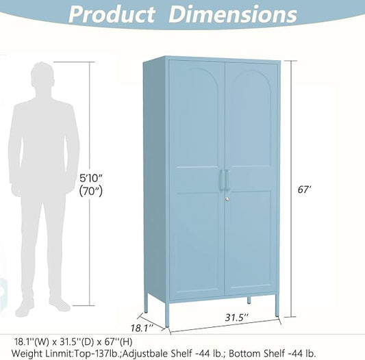 67" Metal Wardrobe Cabinet with Lock,Multi-Functional Locker with Adjustable Shelves and Hanging Rod,2 Door Storage Cabinet for Home, Bedroom,Cloak Room, Office Blue