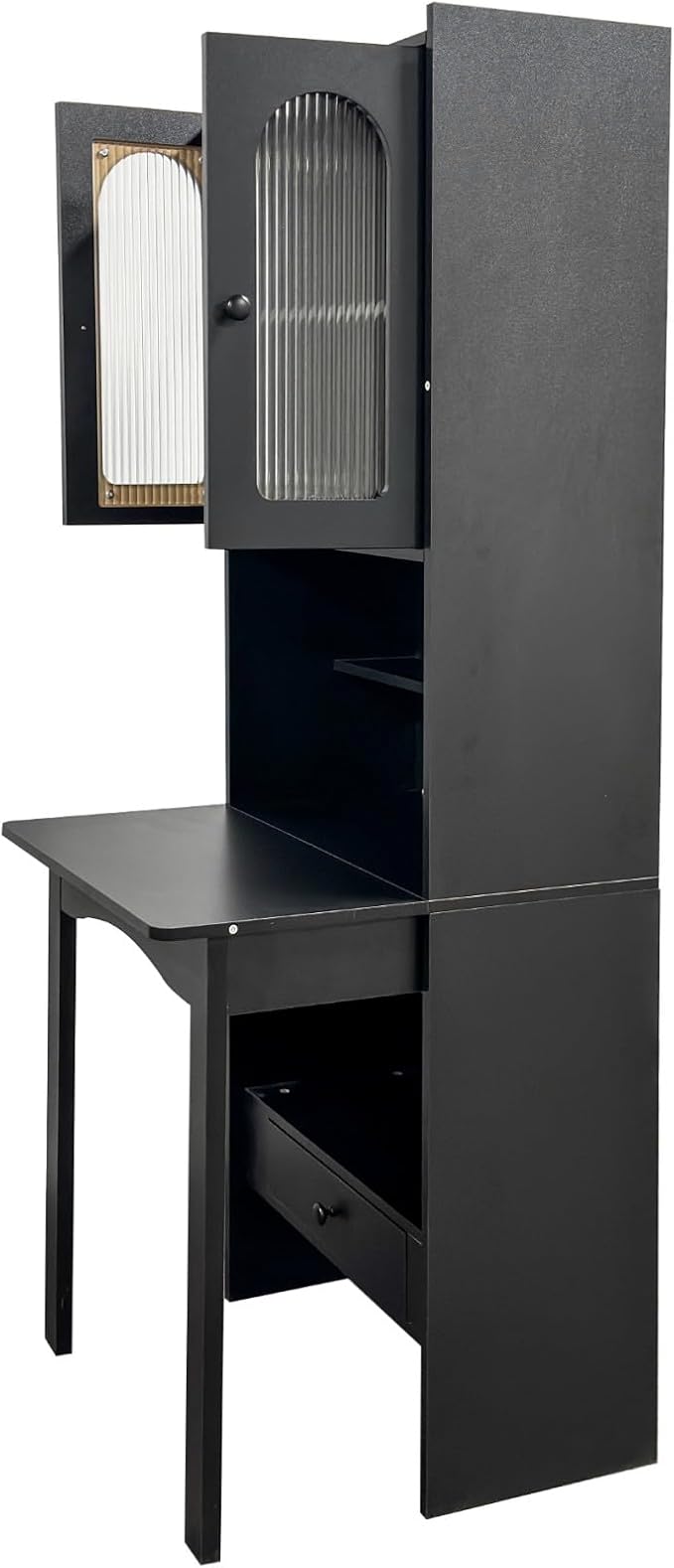 KEIKI Fold-Out Home Office Desks Writing Table with Glass Doors, Drawers, Bookshelf & Storage Shelves, Modern Wooden Convertible Workstation for Work, Study