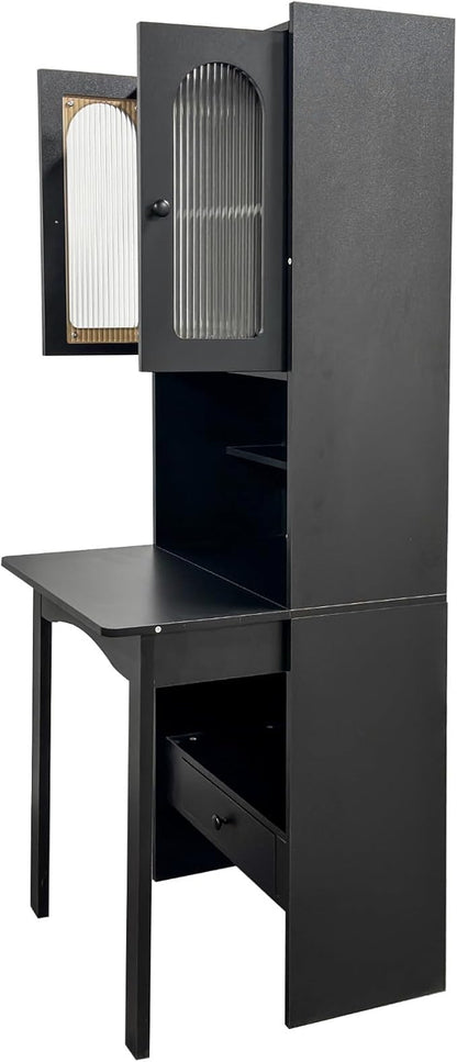 KEIKI Fold-Out Home Office Desks Writing Table with Glass Doors, Drawers, Bookshelf & Storage Shelves, Modern Wooden Convertible Workstation for Work, Study