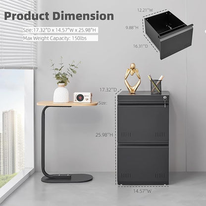 Guizeeopo 2 Drawer File Cabinet with Lock, Vertical File Cabinets for Home Office, Printer Stand, Heavy Duty Steel Office Storage Cabinet for Letter/Legal/A4, Assembly Required(Black)