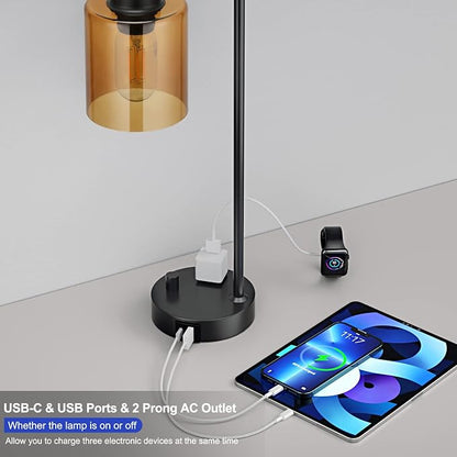 Innqoo Industrial Small Desk Lamp for Nightstand - Amber Clear Glass Shade Table Lamp with USB C Port, Fully Dimmable Black Bedside Lamp with USB Port and Outlet, Bedroom Lamp for Reading Office
