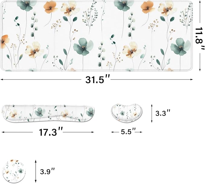 Desk Pad and Keyboard Wrist Rest, Large Mouse Pad + Keyboard Pad+Mouse Wrist Support, Non-Slip Desk Mat Protector for Office, Home 31.5×11.8 Inches Mini Floral