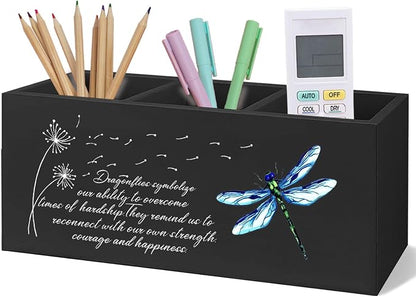 Dragonfly Dandelion Decorative Black Pencil Holder for Desk, Black Bookmark Holder Decor, Pen Caddy for Desk Decorative, Motivational Gifts for Women