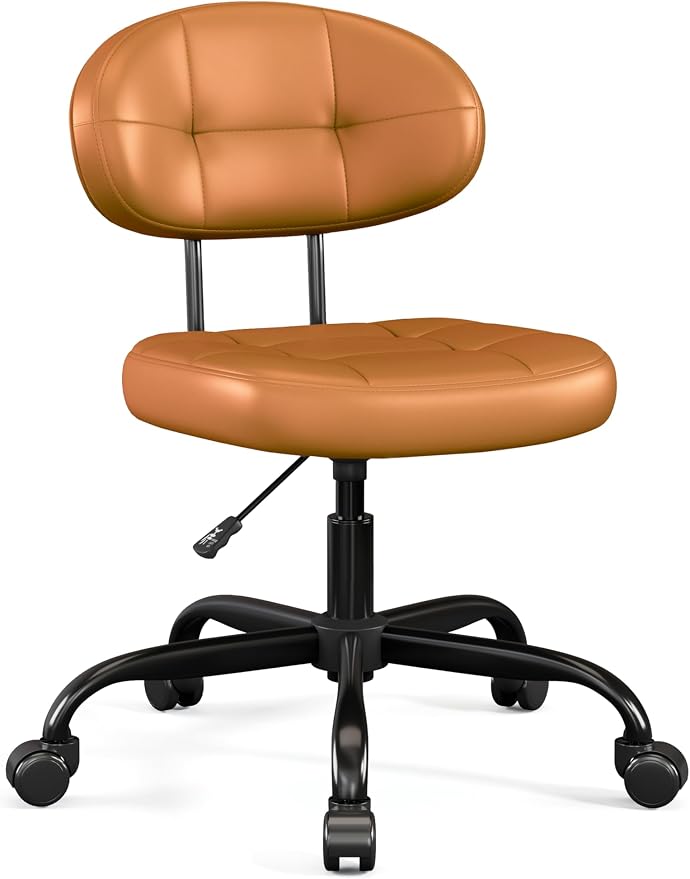 Misolant Small Office Chair, Armless Desk Chair with back, Cute Vanity Chair with wheels and Lumbar support, Comfy PU Leather Computer Chairs with Adjustable Height for Small Space, makeup Home, Brown
