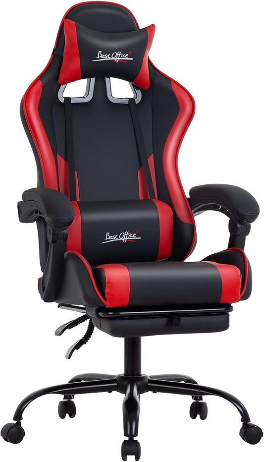 Gaming Chair Office Chair Desk Chair with Footrest Lumbar Support Headrest Armrest Task Rolling Swivel Ergonomic E-Sports Adjustable PC Gamer Chair (Red)
