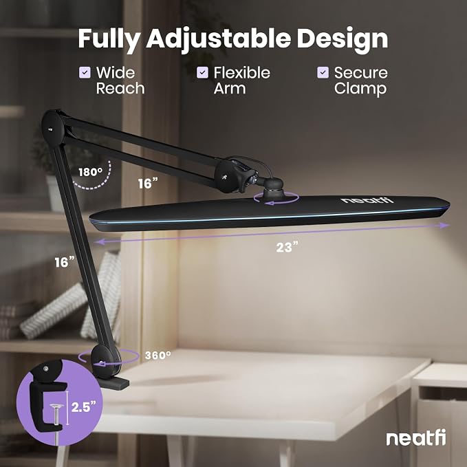 Neatfi XL 2,200 Lumens 24W LED Desk Lamp – 23” Wide Shade | Dimmable Eye-Caring Task Light | Adjustable Arm | Home Office, Study, Crafts & Nail Tech (Black, Non-CCT with Clamp)