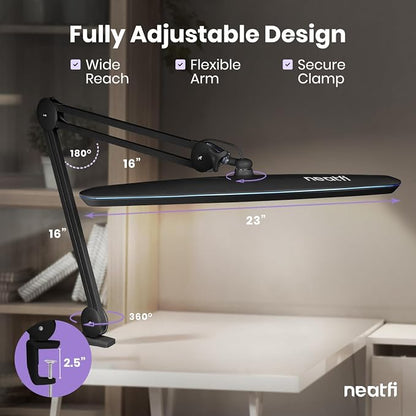 Neatfi XL 2,200 Lumens 24W LED Desk Lamp – 23” Wide Shade | Dimmable Eye-Caring Task Light | Adjustable Arm | Home Office, Study, Crafts & Nail Tech (Black, Non-CCT with Clamp)
