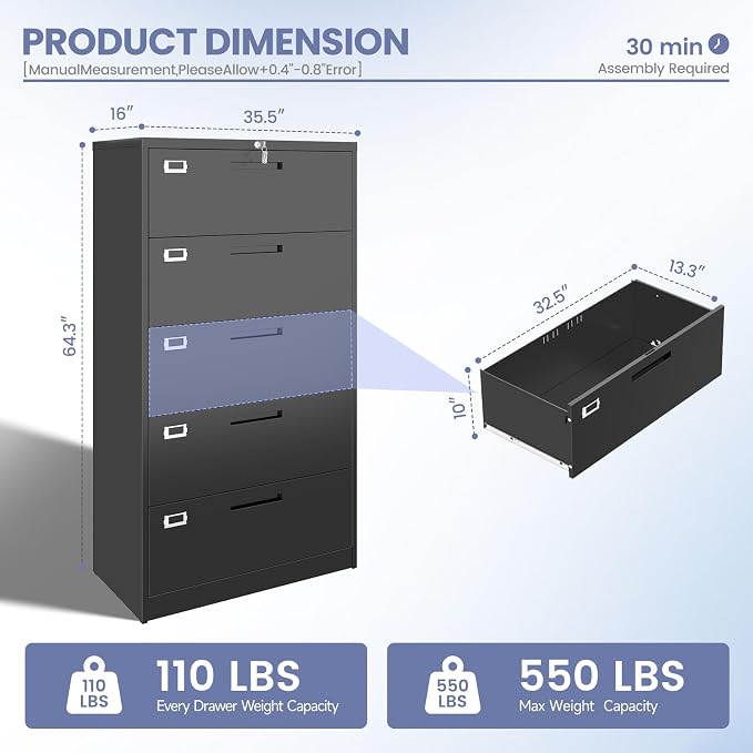 5 Drawer File Cabinet, Black Metal Lateral File Cabinet with Lock, Office Filing Cabinet for Legal/Letter/A4/F4 Size with Hanging Files, Lockable File Cabinets for Home Office