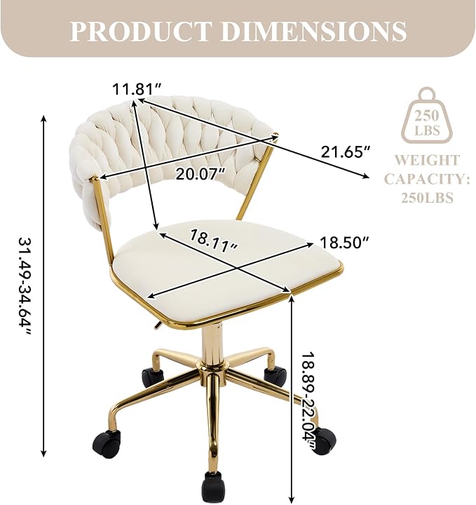 NIOIIKIT Home Office Chair, Velvet Upholstered Task Chair with Woven Open Back, 360° Swivel Desk Chair with Wheels, Adjustable Vanity Chair, Computer Chair for Office, Studio (Beige)