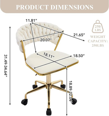 NIOIIKIT Home Office Chair, Velvet Upholstered Task Chair with Woven Open Back, 360° Swivel Desk Chair with Wheels, Adjustable Vanity Chair, Computer Chair for Office, Studio (Beige)