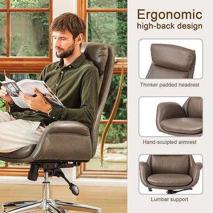 Glitzhome Mid-Century Modern Leatherette Adjustable Swivel High Back Office Chair Brownish Grey