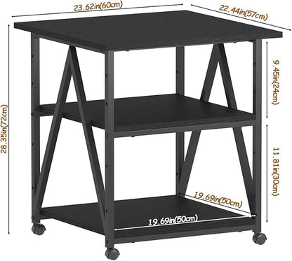 Arbuxzuy 3-Tier Printer Stand, Large Printer Table with Storage, Industrial Printer Storage Cart with Wheels, Rolling Printer Stand for Heat Press Scanner Fax, Black