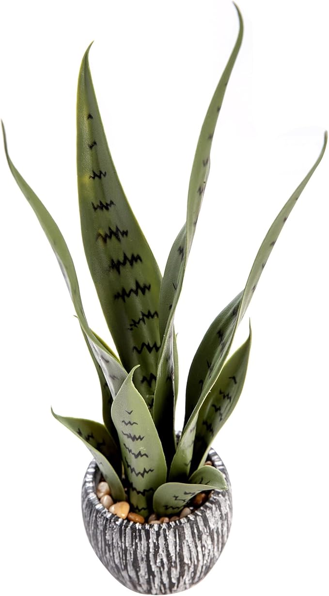 AlphaAcc 16'' Artificial Snake Plant Potted Real Looking Faux Sansevieria with Variegated Green Sword Leaves Fake Plant in Terracotta Ribbed Ceramic Pot for Home Office Desk Indoor Decor