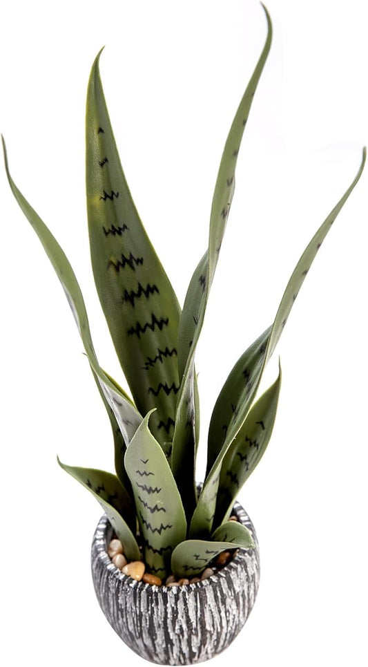 AlphaAcc 16'' Artificial Snake Plant Potted Real Looking Faux Sansevieria with Variegated Green Sword Leaves Fake Plant in Terracotta Ribbed Ceramic Pot for Home Office Desk Indoor Decor