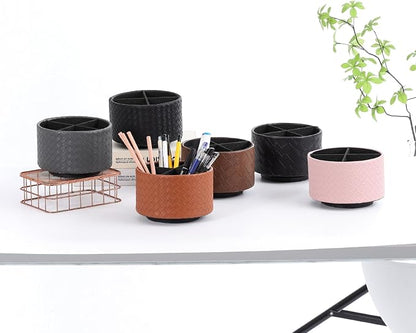 Rotating Remote Holder, PU Leather 360 Degree Rotating Desktop Organizer with 4 Compartments, Makeup Brush Holder Organizer for Vanity Desk, Grey PH118