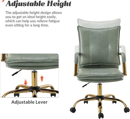 HULALA HOME Faux Leather Home Office Desk Chair, Adjustable Swivel Computer Chair with Golden Legs and Arms, Comfy Upholstered Task Chair, Sage
