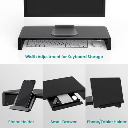 Klearlook Computer Monitor Stand for Desk, Adjustable Foldable Monitor Riser with Storage Drawer & Tablet Phone Holder for Office, Home, Laptop, Desktop (Black 2 Pack)