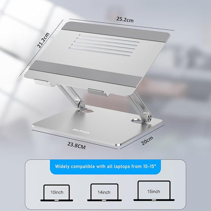 BoYata Laptop Stand, Adjustable Laptop Riser with Slide-Proof Silicone and Protective Hooks, Aluminum Notebook Stand for Laptop up to 15 Inches, Laptop Holder Compatible for MacBook (Silver-2)
