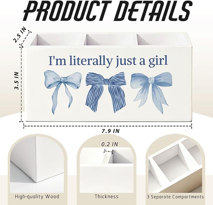 Coquette Blue Bow Pen Pencil Holder for Desk, Preppy Desk Decor, I'm Literally Just a Girl Preppy Aesthetic Wooden Box Sign Decorations for Girls Bedroom Room Dorm Tabletop