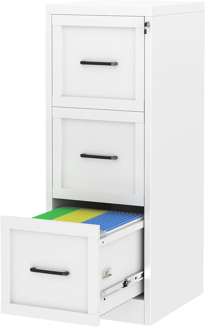 Small Metal 3-Drawer File Cabinet, Under-Desk Filing Cabinet, White | Locking, Adjustable Hanging Rail, Fit A4, FC, Letter, Hanging File Folders for Home Office Storage Organization, 1PS